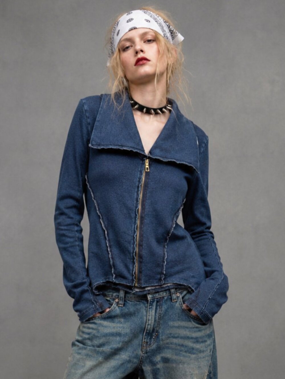 Denim Cotton Blue Asymmetrical Zip Stretch Jacket Raw Edge Y2K